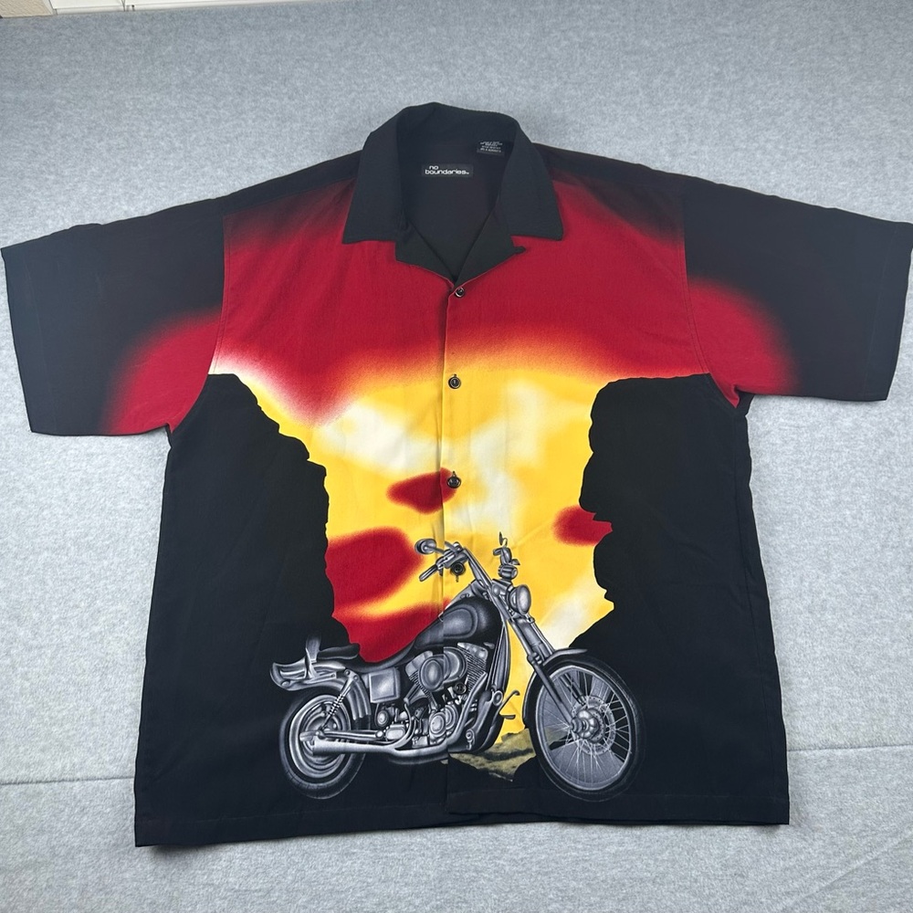 Vintage No Boundaries Shirt Mens XL Motorcycle Sunset Camp Loop Collar Retro Y2K